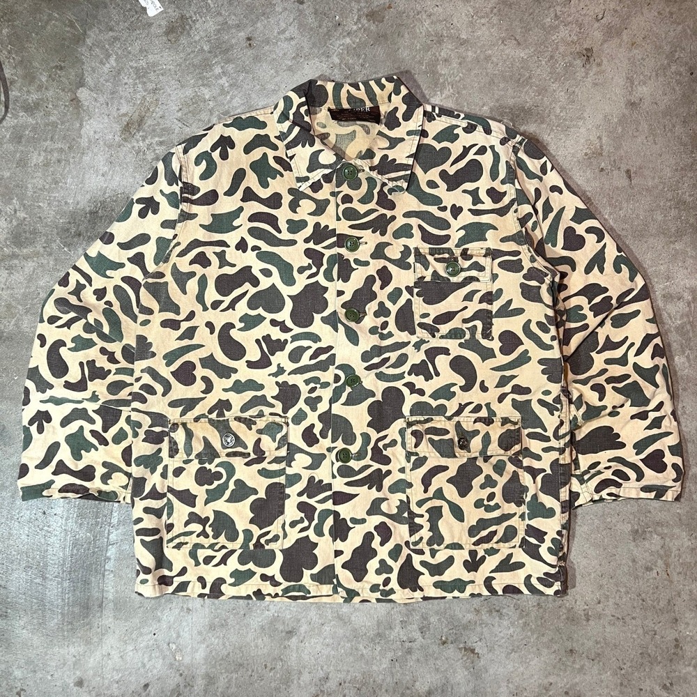 VTG Caliber Duck Camo XL Fit Jacket Mens Hunter Canvas Button Up Spartan Buttons